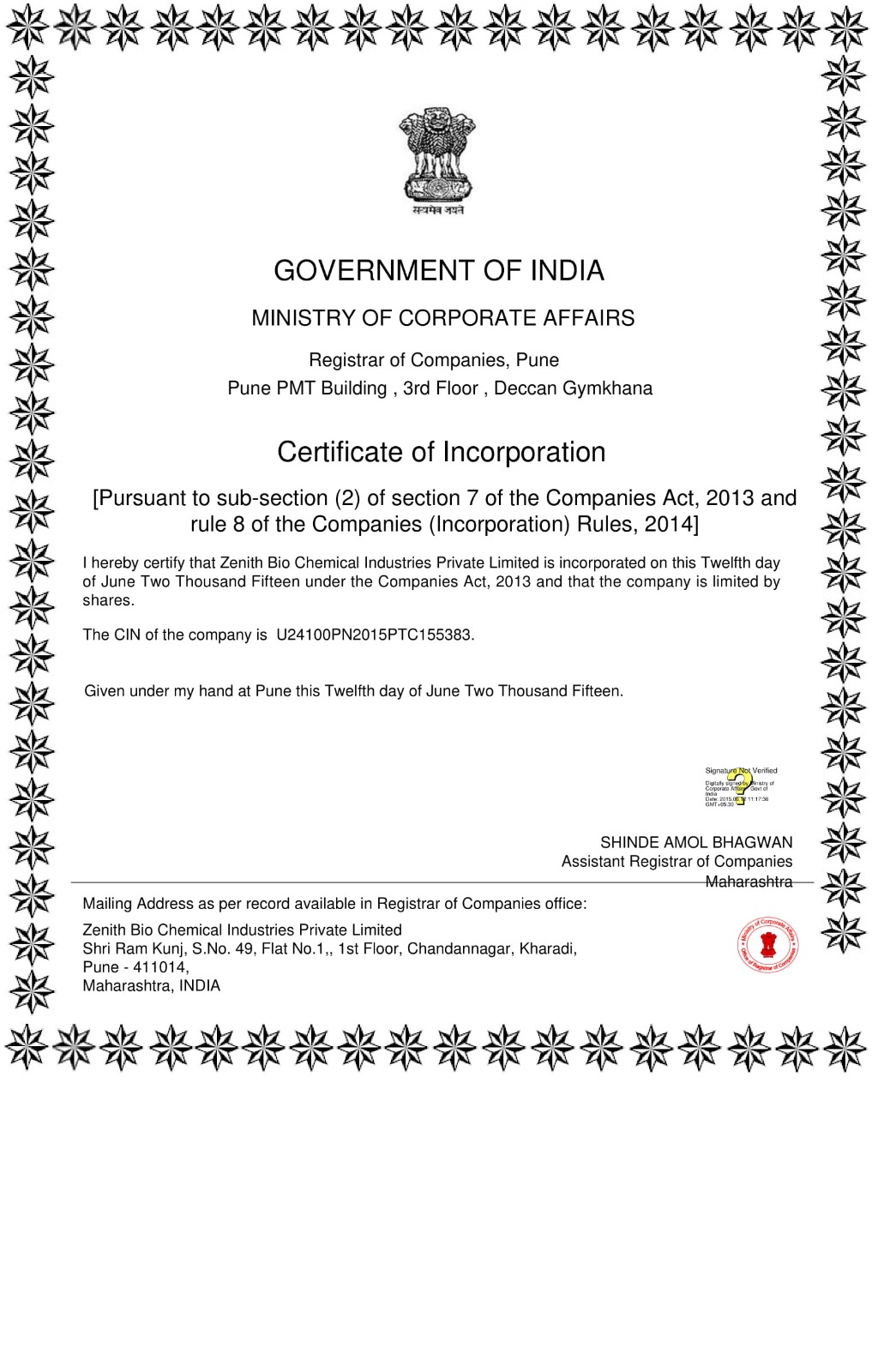 Zenith Bio Chemical Industries Certificate of Incorporation